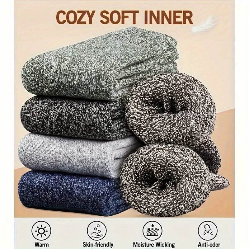 3/5 Pairs Men's Winter Warm Socks, Thick Towel Mid-Calf Socks, Anti-Cold Snow Boots Socks Elastic Solid Color