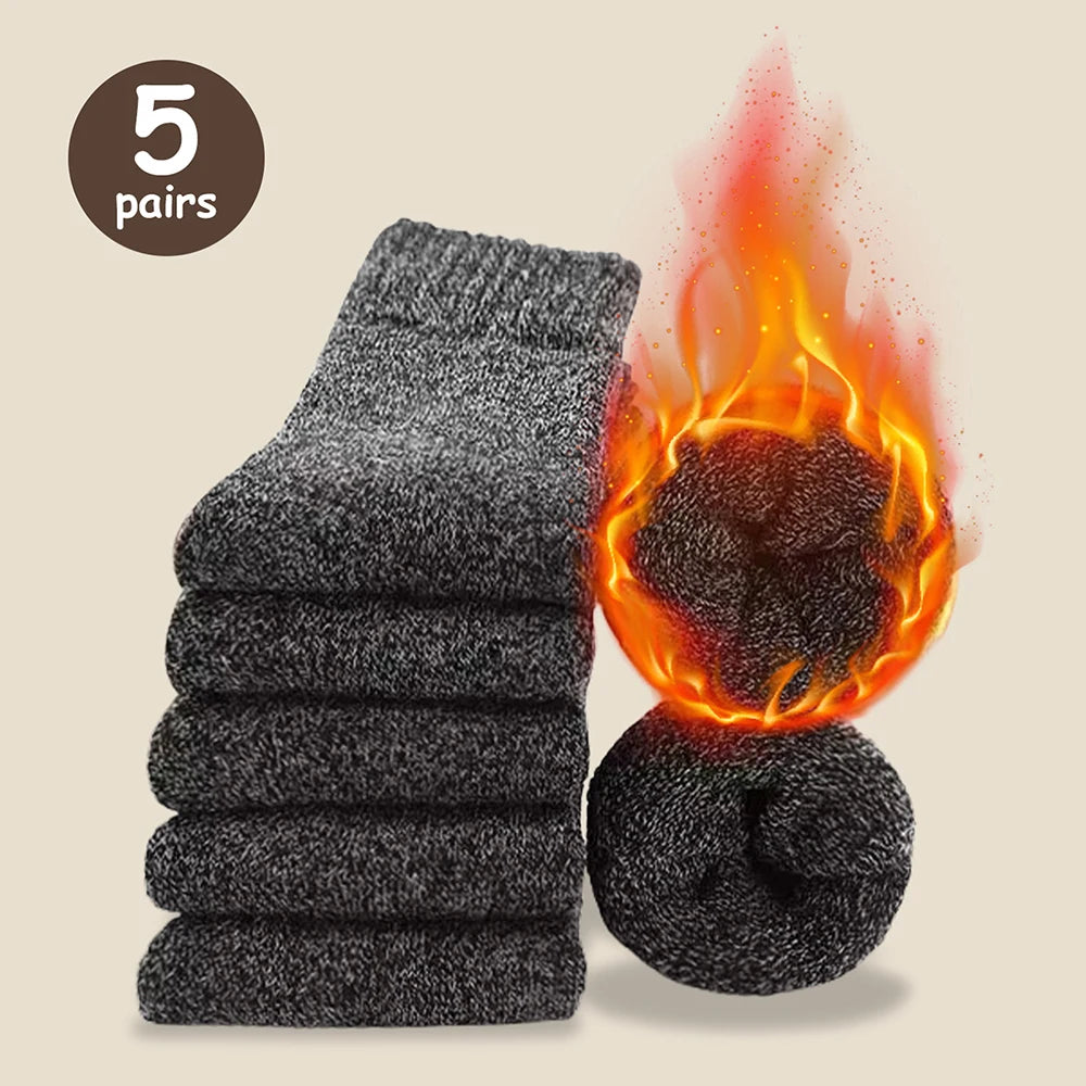 3/5 Pairs Men's Winter Warm Socks, Thick Towel Mid-Calf Socks, Anti-Cold Snow Boots Socks Elastic Solid Color