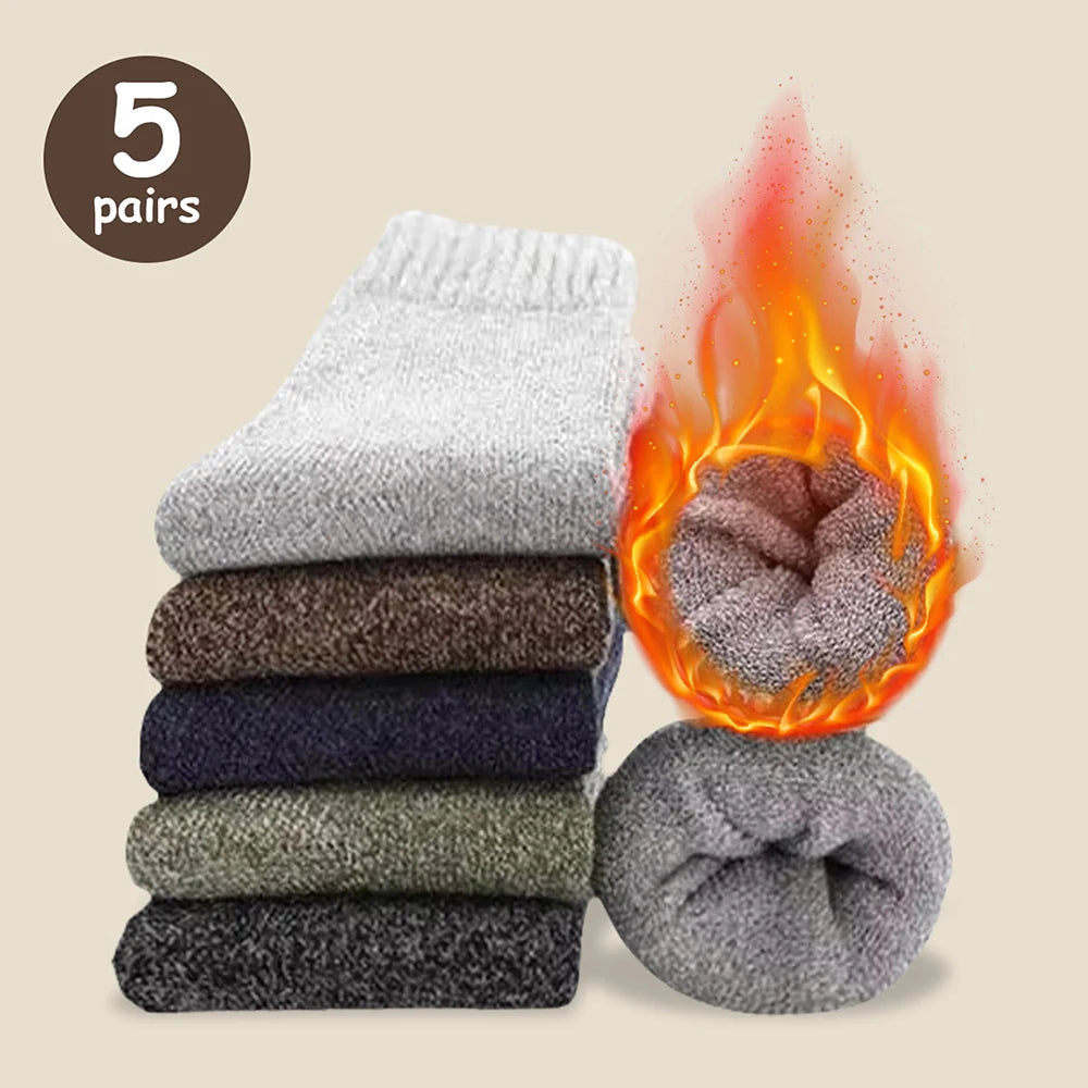 3/5 Pairs Men's Winter Warm Socks, Thick Towel Mid-Calf Socks, Anti-Cold Snow Boots Socks Elastic Solid Color